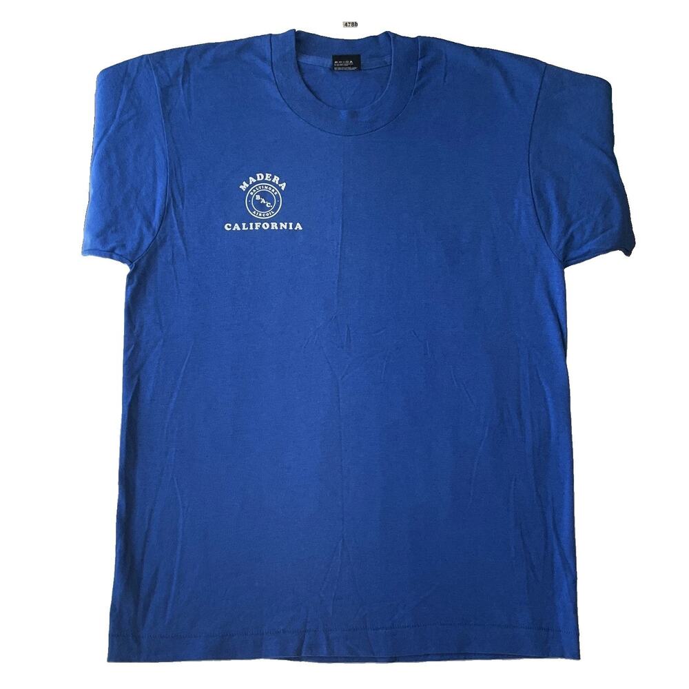 VINTAGE Screen Stars Best Men Shirt L Blue Safety First Logo Graphic Print